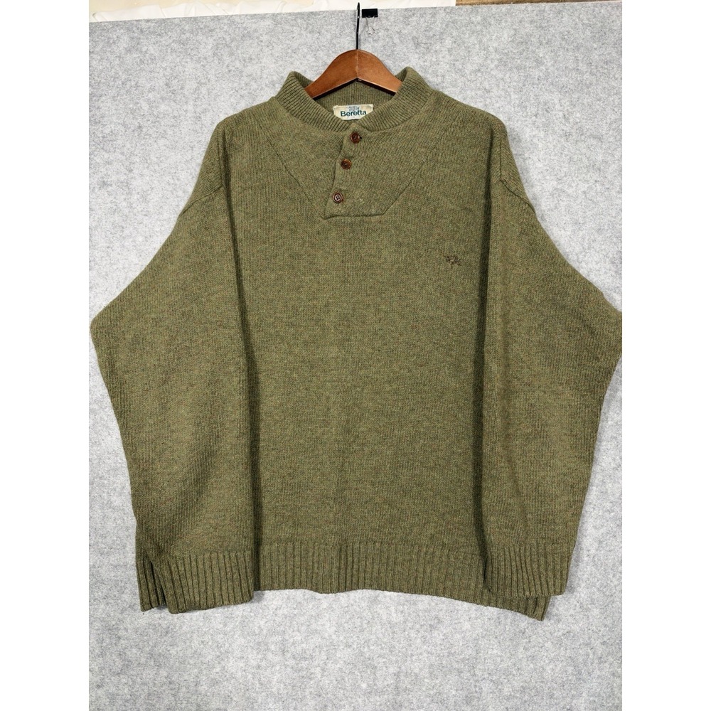 Beretta Sport Wool Blend Henley Sweater Mens Tagged XL Olive Green Made in Italy